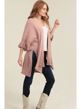 Angie Dusty Rose Ruffle Sleeve Open-Front Poncho